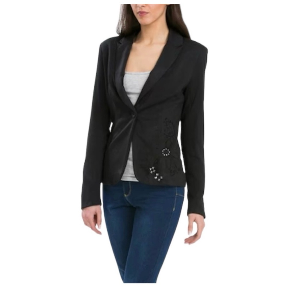 Desigual Black Women's Embroidered Career Wear Blazer Colorful Lining Sz 38/10